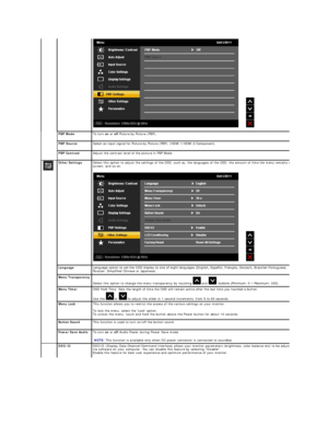 Page 24 
   
PBP Mode To turn  on  or  off   Picture by Picture (PBP) .  
PBP Source Select an input signal for Picture by Picture (PBP). (HDMI 1/HDMI 2/Component).
PBP Contrast Adjust the contrast level of the picture in PBP Mode.
Other Settings Select this option to adjust the settings of the OSD, such as, the languages of the OSD, the amount of time the menu remains on 
screen, and so on.
 
   
  
Language   Language option to set the OSD display to one of eight languages (English, Español, Français,...