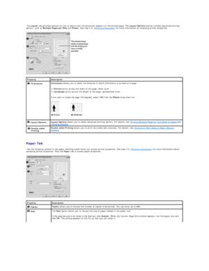 Page 21  The  Layout  tab provides options for you to adjust how the document appears on the printed page. The  Layout Options  section includes advanced printing 
options, such as  Multiple Pages per Side  and  Poster . See step 3 in  Printing a Document  for more information on accessing printer properties.    
 
   
Paper Tab  
  Use the following options to set paper handling needs when you access printer properties. See step 3 in  Printing a Document  for more information about 
accessing printer...