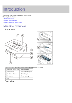 Page 13Introduction
This chapter gives  you an overview  of your  machine:
This chapter includes:
Machine  overview
Control panel overview
Understanding the control panel
Machine overview
Front view
This illustration may differ from  your  machine depending on its  model.1 Document output tray
6Manual  feeder
2 Control panel
7Manual  feeder  guide
3 Front cover handle
8Output support
4 Front cover
9Toner cartridge
5 Tray 1
Rear view
 