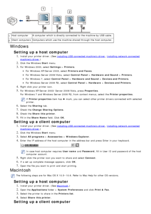 Page 241Host  computer
A  computer  which is directly connected to  the machine by USB  cable.
2 Client computers
Computers which use the machine shared through the host computer.
Windows
Setting up a host computer
1. Install your  printer driver. (See Installing USB  connected machine’s  driver , Installing network connected
machine’s  driver.)
2. Click  the Windows  Start menu.
3. For  Windows 2000, select  Settings > Printers .
For  Windows XP/Server 2003, select  Printers and Faxes.
For  Windows Server...