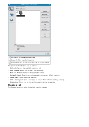 Page 641Switches  to  
Printers configuration .
2 Shows  all of the installed  machine.
3 Shows  the status,  model name and  URI  of your  machine.
The  printer control buttons are, as follows:
Refresh :
Add  Printer :
Remove  Printer :
Set as  Default:
Stop/Start:
Test:
Properties :
 