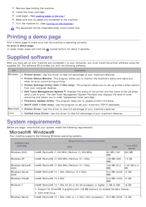 Page 183. Remove tape holding  the machine.
4. Install the toner cartridge.
5. Load paper. (See Loading  paper in the tray.)
6. Make sure  that  all cables are connected to  the machine.
7. Turn the machine on.  (See Turning  on the machine.)
This equipment  will be inoperable  when  mains  power fails.
Printing a demo page
Print a  demo page  to  make  sure  that  the machine is operating  correctly.
To print a  demo  page:
In ready  mode, press  and  hold the 
 (cancel  button) for about  2 seconds.
Supplied...