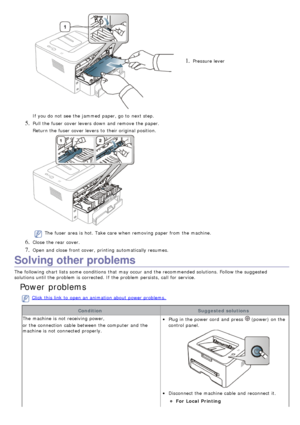 Page 741. Pressure lever
If  you do not see the jammed  paper, go to  next step.
5. Pull the fuser  cover levers  down  and  remove the paper.
Return the fuser  cover levers  to  their original position.
The  fuser  area is hot. Take care when  removing paper from  the machine.
6. Close  the rear cover.
7. Open and  close  front cover,  printing automatically resumes.
Solving other problems
The  following chart lists some  conditions  that  may occur and  the recommended solutions. Follow the suggested...