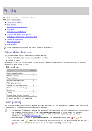 Page 25Printing
This chapter explains  common printing tasks.
This chapter includes:
Printer  driver  features
Basic  printing
Opening  printing preferences
Using help
Using special print  features
Changing the default print  settings
Setting  your  machine as a  default machine
Printing  to  a  file (PRN)
Macintosh  printing
Linux  printing
The  procedures in this chapter are mainly  based on Windows XP.
Printer driver features
Your  printer drivers support the following standard  features:
Paper  orientation,...