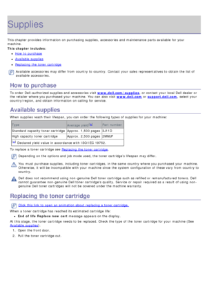 Page 52Supplies
This chapter provides  information  on purchasing supplies,  accessories and  maintenance parts available  for your
machine.
This chapter includes:
How  to  purchase
Available  supplies
Replacing  the toner cartridge
Available  accessories may differ from  country to  country.  Contact  your  sales  representatives to  obtain the list of
available  accessories.
How to purchase
To order  Dell-authorized supplies and  accessories visit www.dell.com/supplies ,  or contact  your  local  Dell dealer...