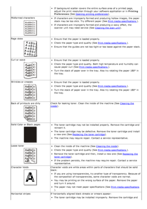 Page 124If  background scatter covers  the entire  surface area of a  printed page,
adjust  the print  resolution through your  software application  or in Printing
Preferences  (See Opening  printing preferences
).
Misformed characters
If  characters are improperly formed and  producing hollow images, the paper
stock may be too  slick. Try different paper (See  Print media specifications 
).
If  characters are improperly formed and  producing a  wavy  effect,  the
scanner  unit  may need  service  (See Cleaning...