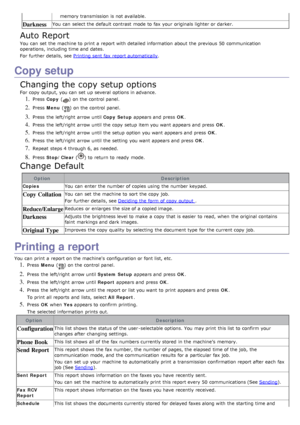 Page 68memory transmission is not available.
DarknessYou  can  select the default contrast  mode to  fax your  originals lighter or darker.
Auto Report
You  can  set  the machine to  print  a  report with detailed information  about  the previous  50  communication
operations, including time and  dates.
For  further details, see Printing  sent fax report automatically
.
Copy setup
Changing the copy setup options
For  copy  output, you can  set  up  several  options in advance.
1. Press  Copy   () on the control...