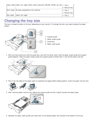 Page 88Copy  mode Letter, A4,  Legal,  Oficio,  Folio, Executive,  ISO B5,  JIS B5,  A5,  A6Tray 1
Manual  tray
Print mode All sizes  supported by the machine.
Tray 1
Manual  tray
Fax  mode Letter, A4,  Legal
Tray 1
Changing the tray size
The  tray  is preset to  Letter or A4 size,  depending on your  country.  To change  the size,  you need  to  adjust  the paper
guides.
1. Support guide
2. Paper  length guide
3. Guide lock
4. Paper  width guide
1. With one  hand press  and  hold the guide lock,  and  with the...