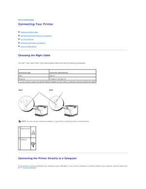 Page 12back to contents page  
Connecting Your Printer   
   
   Choosing the Right Cable  
   Connecting the Printer Directly to a Computer  
   Turn On the Printer  
   Connecting the Printer to a Network  
   Using the Reset button  
Choosing the Right Cable  
   
Your Dell™ Color Laser Printer 1320c interconnection cable must meet the following requirements:  
 
 
   
 
Connecting the Printer Directly to a Computer  
   
A local printer is a printer attached to your computer using a USB cable. If your...