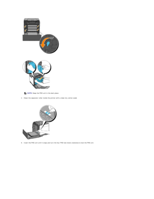 Page 114   
 
   
4. Clean the separator roller inside the printer with a clean dry cotton swab.  
 
 
   
5. Insert the PHD unit until it stops and turn the four PHD lock levers clockwise to lock the PHD unit.  
 
  NOTE:  Keep the PHD unit in the dark place.  