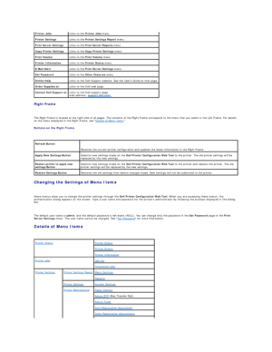Page 21Right Frame  
   
The Right Frame is located at the right side of all pages. The contents of the Right Frame correspond to the menu that you select in the Left Frame. For details 
on the items displayed in the Right Frame, see  Details of Menu Items .  
Buttons on the Right Frame  
   
Changing the Settings of Menu Items  
   
Some menus allow you to change the printer settings through the  Dell Printer Configuration Web Tool . When you are accessing these menus, the 
authentication dialog appears on the...