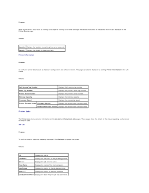 Page 23   
Purpose:  
   
When printer errors occur such as  running out of paper  or  running out of toner cartridge , the details of all alerts or indications of errors are displayed in the 
Printer Events  page.  
   
Values:  
 
Printer Information  
   
Purpose:  
   
To verify the printer details such as hardware configuration and software version. This page can also be displayed by clicking  Printer Information  in the Left 
Frame.  
   
Values:  
 
Printer Jobs  
   
The  Printer Jobs  menu contains...