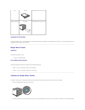 Page 47Loading the Envelope  
   
To load an envelope in Tray 1, load envelopes with the flaps closed when the short - edges of the envelopes enter the printer, or with the flaps open when the 
long - edges of the envelopes enter the printer.  
Single Sheet Feeder  
Capacity  
   
The single sheet feeder can hold:  
   
l 1 sheet of the standard paper.  
 
Print Media Dimensions  
   
The single sheet feeder accepts print media within the following dimensions:  
   
l Width  -  76.2 mm (3.00 inches) to 220.0 mm...
