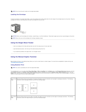 Page 48Loading the Envelope  
   
To load an envelope in the single sheet feeder, insert the envelope with the flap closed when the short edge of the envelop e faces into the printer. Place the 
envelope with the print side facing down and slide the envelope into the entry slot.  
 
   
Using the Single Sheet Feeder  
   
l Insert an envelope with the flap side face down and with the stamp area on the top right side.  
 
     
l Load letterhead face - down, with the top of the sheet entering the printer first....