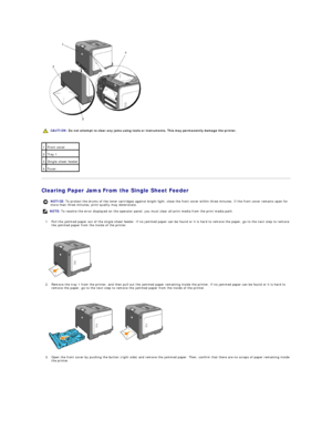 Page 84   
 
Clearing Paper Jams From the Single Sheet Feeder  
1. Pull the jammed paper out of the single sheet feeder. If no jammed paper can be found or it is hard to remove the paper, go to the next step to remove 
the jammed paper from the inside of the printer.  
 
 
   
2. Remove the tray 1 from the printer, and then pull out the jammed paper remaining inside the printer. If no jammed paper can be found or it is hard to 
remove the paper, go to the next step to remove the jammed paper from the inside of...