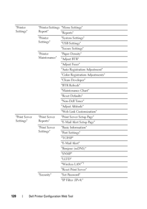 Page 124120Dell Printer Configuration Web Tool
Printer 
SettingsPrinter Settings 
Report Menu Settings
Reports
Printer 
Settings System Settings
USB Settings
Secure Settings
Printer 
Maintenance Paper Density
Adjust BTR
Adjust Fuser
Auto Registration Adjustment
Color Registration Adjustments
Clean Developer
BTR Refresh
Maintenance Chart
Reset Defaults
Non-Dell Toner
Adjust Altitude
Web Link Customization
Print Server 
Settings Print Server 
Reports Print Server Setup Page
E-Mail Alert Setup Page
Print Server...