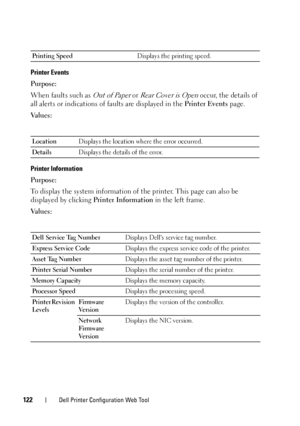 Page 126122Dell Printer Configuration Web Tool
Printer Events
Purpose:
When faults such as 
Out of Paper or Rear Cover is Open occur, the details of 
all alerts or indications of  faults are displayed in the Printer Events  page.
Va l u e s :
Printer Information
Purpose:
To display the system information of  the printer. This page can also be 
displayed by clicking  Printer Information in the left frame.
Va l u e s :
Printing Speed Displays the printing speed.
Location Displays the location where the error...