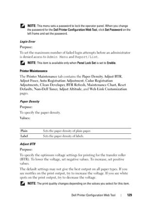 Page 133Dell Printer Configuration Web Tool129
 NOTE: This menu sets a password to lock the operator panel. When you change 
the password for the  Dell Printer Configuration Web Tool, click Set Password  on the 
left frame and set the password.
Login Error
Purpose:
To set the maximum number of failed lo gin attempts before an administrator 
is denied access to  Admin Menu and Report/List .
 NOTE: This item is available only when  Panel Lock Set is set to Enable.
Printer Maintenance
The Printer Maintenance  tab...