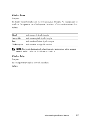 Page 221Understanding the Printer Menus217
Wireless Status
Purpose:
To display the information on the wireless signal strength. No changes can be 
made on the operator panel to improve the status of the wireless connection.
Va l u e s :
 NOTE: This item is displayed only when the printer is connected with a wireless 
network and 
Wireless LAN is set to Enable.
Wireless Setup
Purpose:
To configure the wireless network interface.
Va l u e s :
Good Indicates good signal strength.
Acceptable Indicates marginal...