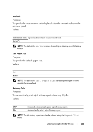Page 229Understanding the Printer Menus225
mm/inch
Purpose:
To specify the measurement unit displayed after the numeric value on the 
operator panel.
Va l u e s :
 NOTE: The default for mm/inch varies depending on co untry-specific factory 
default.
Def. Paper Size
Purpose:
To specify the default paper size.
Va l u e s :
 NOTE: The default for Def. Paper Size varies depending on country-
specific factory default.
Auto Log Print
Purpose:
To automatically print a job hist ory report after every 10 jobs.
Va l u e s...