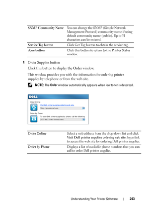 Page 247Understanding Your Printer Software243
4Order Supplies button
Click this button to display the 
Order window. 
This window provides you with the information for ordering printer 
supplies by telephone or from the web site.
 NOTE: The  Order window automatically appears when low toner is detected.
SNMP Community Name
You can change the SNMP (Simple Network 
Management Protocol) community name if using 
default community name (public). Up to 31 
characters can be entered.
Service Tag button Click Get Tag...