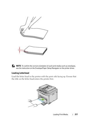 Page 219Loading Print Media217
 NOTE: To confirm the correct orientation of each print media such as envelopes, 
see the instruction on the Envelope/Paper Setup Navigator on the printer driver.
Loading Letterhead
Load the letter head in the printer with the print side facing up. Ensure that 
the title on the letter head enters the printer first.
 