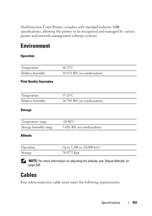 Page 433Specifications431
Multifunction Color Printer complies with standard industry MIB 
specifications, allowing the printer to be recognized and managed by various 
printer and network management software systems.
Environment
Operation
Print Quality Guarantee
Storage
Altitude
 NOTE: For more information on adjusting the altitude, see Adjust Altitude on 
page 340.
Cables
Your interconnection cable must meet the following requirements:
Te m p e r a t u r e10-32°C
Relative humidity 10-85% RH (no condensation)...