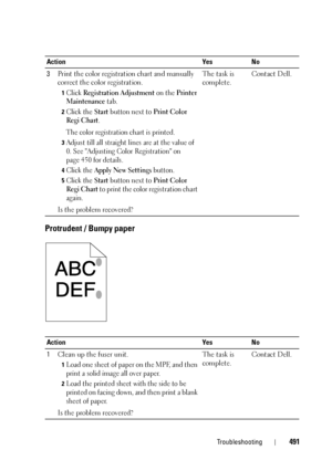 Page 493Troubleshooting491
Protrudent / Bumpy paper
3Print the color registration chart and manually 
correct the color registration. 
1Click Registration Adjustment on the Printer 
Maintenance
 tab.
2Click the Start button next to Print Color 
Regi Chart
.
The color registration chart is printed.
3Adjust till all straight lines are at the value of 
0. See Adjusting Color Registration on 
page 450 for details.
4Click the Apply New Settings button.
5Click the Start button next to Print Color 
Regi Chart
 to print...