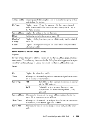 Page 187Dell Printer Configuration Web Tool185
Server Address (Confirm/Change, Create)
Purpose:
To view or edit the server address entries on the Server Address page, or create 
a new entry. The following items are in the dialog box that appears when you 
click the 
Confirm/Change or Create button on the Server Address top page.
Va l u e s :Address List to:Selecting each button displays a list of entries for the group of IDs 
indicated on the button.
ID:NameDisplays a server ID and the name of a file directory...