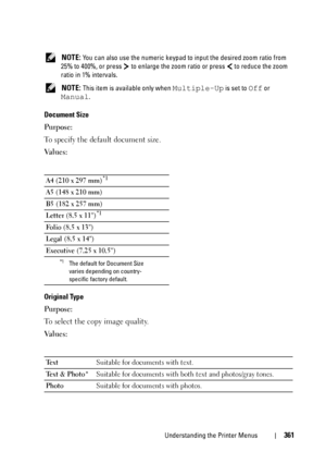 Page 363Understanding the Printer Menus361
 NOTE: You can also use the numeric keypad to input the desired zoom ratio from 
25% to 400%, or press   to enlarge the zoom ratio or press   to reduce the zoom 
ratio in 1% intervals.
 
NOTE: This item is available only when Multiple-Up is set to Off or 
Manual.
Document Size
Purpose:
To specify the default document size.
Va l u e s :
Original Type
Purpose:
To select the copy image quality.
Va l u e s :
A4 (210 x 297 mm)*1
A5 (148 x 210 mm)
B5 (182 x 257 mm)
Letter...