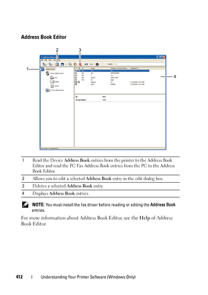 Page 414412Understanding Your Printer Software (Windows Only)
Address Book Editor
 NOTE: You must install the fax driver before reading or editing the Address Book 
entries.
For more information about Address Book Editor, see the Help of Address 
Book Editor.
1Read the Device Address Book entries from the printer to the Address Book 
Editor and read the PC Fax Address Book entries from the PC to the Address 
Book Editor.
2Allows you to edit a selected Address Book entry in the edit dialog box.
3Deletes a...