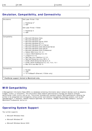 Page 58Emulation, Compatibility, and Connectivity
MIB Compatibility
A  Management Information  Base (MIB)  is a  database containing  information  about  network devices (such  as adapters,
bridges, routers, or computers).  This information  helps network administrators  manage  the network (analyze
performance, traffic, errors, and  so on). This printer complies with standard  industry  MIB specifications, allowing  the
printer to  be recognized  and  managed by various printer and  network management software...