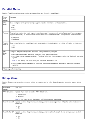 Page 22Parallel Menu
Use  the Parallel menu  to  change  printer settings on jobs  sent through a  parallel  port.
Setup Menu
Use  the Setup  menu  to  configure how the printer formats the end  of a  line  depending on the computer  system  being
used.
From
this
menu:You can:
* Factory  default setting NPA
Mode Send print  jobs  to  the printer and  query printer status information  at the same  time.
Off
On
Auto*
Protocol Receive information  at a  much  higher  transmission rate  if your  printer is set  to...