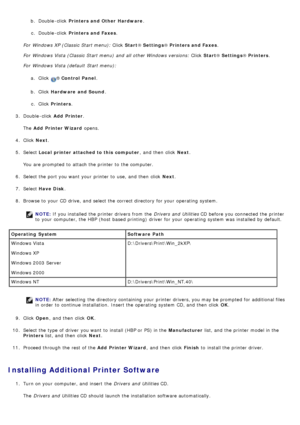 Page 68b.  Double -click   Printers and Other  Hardware .
c .  Double -click   Printers and Faxes .
For  Windows XP (Classic  Start menu):  Click  Start® Settings ® Printers and Faxes .
For  Windows Vista (Classic  Start menu) and  all other Windows versions:  Click  Start® Settings ® Printers .
For  Windows Vista (default  Start menu):
a.  Click  
® Control  Panel .
b .  Click   Hardware  and Sound .
c .  Click   Printers .
3 .  Double -click   Add  Printer.
The   Add  Printer Wizard  opens.
4 .  Click...