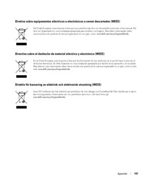 Page 147Appendix147
Diretiva sobre equipamentos eléctricos e electrónicos a serem descartados (WEEE)
Na União Europeia, esta etiqueta indica que esse produto não deve ser descartado junto com o lixo normal. Ele 
deve ser depositado em uma instalação apropriada para recolha e reciclagem. Para obter informações sobre 
como reclicar este produto de forma responsável em seu país, visite: www.dell.com/recyclingworldwide.
Directiva sobre el deshecho de material eléctrico y electrónico (WEEE)
En la Unión Europea, esta...