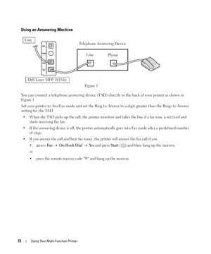 Page 7272Using Your Multi-Function Printer
Using an Answering Machine
You can connect a telephone answering device (TAD) directly to the back of your printer as shown in 
Fig ure 1.
Set your printer to Ans/Fax mode and set the Ring to Answer to a digit greater than the Rings to Answer 
setting for the TAD.  
• When the TAD picks up the call, the printer monitors and takes the line if a fax tone is received and 
starts receiving the fax. 
• If the answering device is off, the printer automatically goes into Fax...