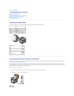 Page 137Back to Contents Page    
 Connecting Your Printer   
   Choosing the Right Cable   
   Connecting the Printer Directly to a Computer   
   Connecting the Printer to the Network   
   Using the Reset Button   
 
Choosing the Right Cable   
Your Dell™ 2130cn Color Laser Printer interconnection cable must meet the following requirements:  
   
Connecting the Printer Directly to a Computer   
A local printer is a printer attached to your computer using a USB cable. If your printer is attached to a network...