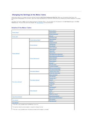 Page 148Changing the Settings of the Menu Items   
Some menus allow you to change the printer settings through the  Dell Printer Configuration Web Tool . When you are accessing these menus, the 
authentication dialog appears on the screen. Type a user name and password for the printers administrator by following the prompts displayed in the dialog 
box.  
The default user name is  admin , and the default password is left blank (NULL). You can change only the password in the  Set Password  page in the  Other...