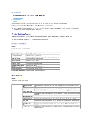 Page 19Back to Contents Page    
 Understanding the Tool Box Menus   
   Printer Settings Report   
   Printer Maintenance   
   Diagnosis   
 
The Tool Box allows you to view or specify the printer settings. You can also diagnose the printer settings by using the Tool Box.  
The Tool Box consists of the  Printer Settings Report ,  Printer Maintenance , and  Diagnosis  tabs.  
Printer Settings Report   
The  Printer Settings Report  tab includes the  Printer Information ,  Menu Settings ,  Reports ,  Network...