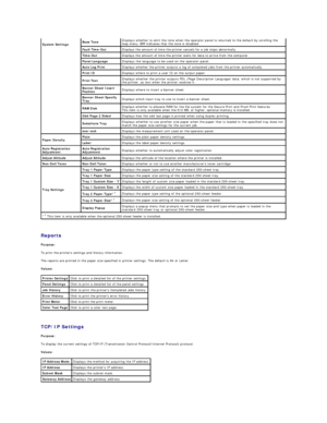 Page 20   
Reports  
Purpose:  
To print the printer  s settings and history information.   
The reports are printed in the paper size specified in printer settings. The default is A4 or Letter.  
Values:  
   
TCP/IP Settings  
Purpose:  
To display the current settings of TCP/IP (Transmission Control Protocol/Internet Protocol) protocol.  
Values:  System Settings   Base Tone   Displays whether to emit the tone when the operator panel is returned to the default by scrolling the 
loop menu.  Off  indicates...