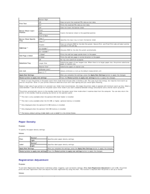 Page 22   
Paper Density  
Purpose:  
To specify the paper density settings.  
Values:  
   
Registration Adjustment  
Purpose:  
To set Color Registration Adjustment (individual yellow, magenta, cyan correction) settings. When  Auto Registration Adjustment  is set to  On , the printer 
prints the color registration chart and adjusts the color registration by using the chart. This function is required after the printer is set up or moved.  
Values:   Bottom Right  
Print Text   Off   Does not print the received...