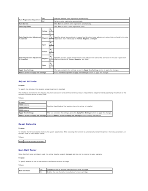 Page 23   
Adjust Altitude  
Purpose:  
To specify the altitude of the location where the printer is installed.   
The discharge phenomenon for charging the photo conductor varies with barometric pressure. Adjustments are performed by specifying the altitude of the 
location where the printer is being used.  
Values:  
   
Reset Defaults  
Purpose:  
To initialize the NV (nonvolatile) memory for system parameters. After executing this function to automatically restart the printer, the menu parameters, or 
data...