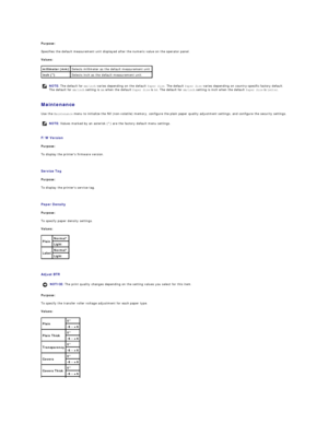 Page 35Purpose:  
Specifies the default measurement unit displayed after the numeric value on the operator panel.  
Values:  
   
Maintenance  
Use the  Maintenance  menu to initialize the NV (non - volatile) memory, configure the plain paper quality adjustment settings, and configure the security settings.  
   
F/W Version  
Purpose:  
To display the printers firmware version.  
   
Service Tag  
Purpose:  
To display the printers service tag.  
   
Paper Density  
Purpose:  
To specify paper density...