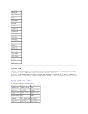 Page 62Symbol Sets   
A symbol set is the collection of alphabetic and numeric characters, punctuation, and special characters available in the font you select. Symbol sets support 
the requirements for different languages or specific applications, such as math symbols used for scientific text.  
In PCL 5/PCL 6, a symbol set also defines which character will print for each key on the keyboard (or more specifically, for each  code point ). Some applications 
require different characters at some code points. To...