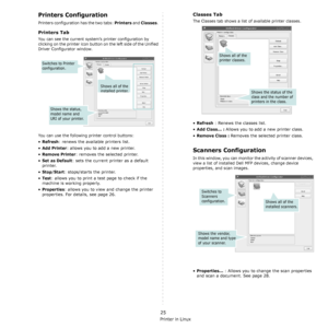 Page 130Using Your Printer in Linux
25
Printers Configuration
Printers configuration has the two tabs: Printers and Classes. 
Printers Tab
You can see the current system’s printer configuration by 
clicking on the printer icon button on the left side of the Unified 
Driver Configurator window.
You can use the following printer control buttons:
•Refresh: renews the available printers list.
•
Add Printer: allows you to add a new printer.
•
Remove Printer: removes the selected printer.
•
Set as Default: sets the...