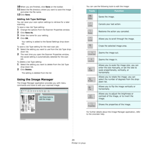 Page 134Using Your Printer in Linux
29
10When you are finished, click Save on the toolbar.
11Select the file directory where you want to save the image 
and enter the file name. 
12Click Save.
Adding Job Type Settings
You can save your scan option settings to retrieve for a later 
scanning.
To save a new Job Type setting:
1Change the options from the Scanner Properties window.
2Click Save As.
3Enter the name for your setting.
4Click OK. 
Your setting is added to the Saved Settings drop-down 
list.
To save a Job...