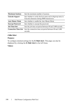 Page 192190Dell Printer Configuration Web Tool
E-Mail Alert
Purpose:
To configure detailed settings for the E-Mail Alert. This page can also be 
displayed by clicking the E-Mail Alert in the left frame.
Va l u e s :
Maximum SessionsSets the maximum number of sessions.
Unicode SupportSets whether to notify the host name and workgroup name in 
Unicode characters during SMB transmission.
Auto Master ModeSets whether to enable the Auto Master Mode.
Encrypt PasswordSets whether to encrypt the password.
Job...