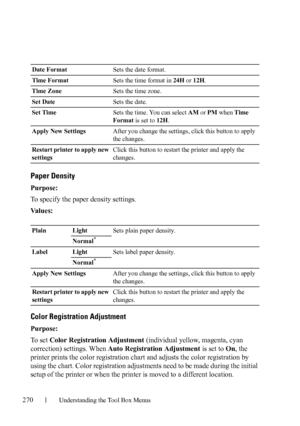 Page 272270Understanding the Tool Box Menus
Paper Density
Purpose:
To specify the paper density settings.
Va l u e s :
Color Registration Adjustment
Purpose:
To  s e t  Color Registration Adjustment (individual yellow, magenta, cyan 
correction) settings. When Auto Registration Adjustment is set to On, the 
printer prints the color registration chart and adjusts the color registration by 
using the chart. Color registration adjustments need to be made during the initial 
setup of the printer or when the printer...