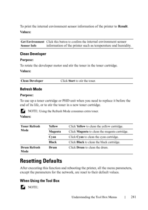 Page 283Understanding the Tool Box Menus281
To print the internal environment sensor information of the printer to Result.
Va l u e s :
Clean Developer
Purpose:
To rotate the developer motor and stir the toner in the toner cartridge. 
Va l u e s :
Refresh Mode
Purpose:
To use up a toner cartridge or PHD unit when you need to replace it before the 
end of its life, or to stir the toner in a new toner cartridge.
 NOTE: Using the Refresh Mode consumes extra toner.
Va l u e s :
Resetting Defaults
After executing...