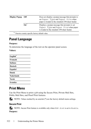 Page 324322Understanding the Printer Menus
Panel Language
Purpose:
To determine the language of the text on the operator panel screen.
Va l u e s :
Print Menu
Use the Print Menu to print a job using the Secure Print, Private Mail Box, 
Public Mail Box, and Proof Print features.
 NOTE: Values marked by an asterisk (*) are the factory default menu settings.
Secure Print
 NOTE: Secure Print feature is available only when RAM disk is set to Enable.
Purpose:
Display Popup OffDoes not display a popup message that...